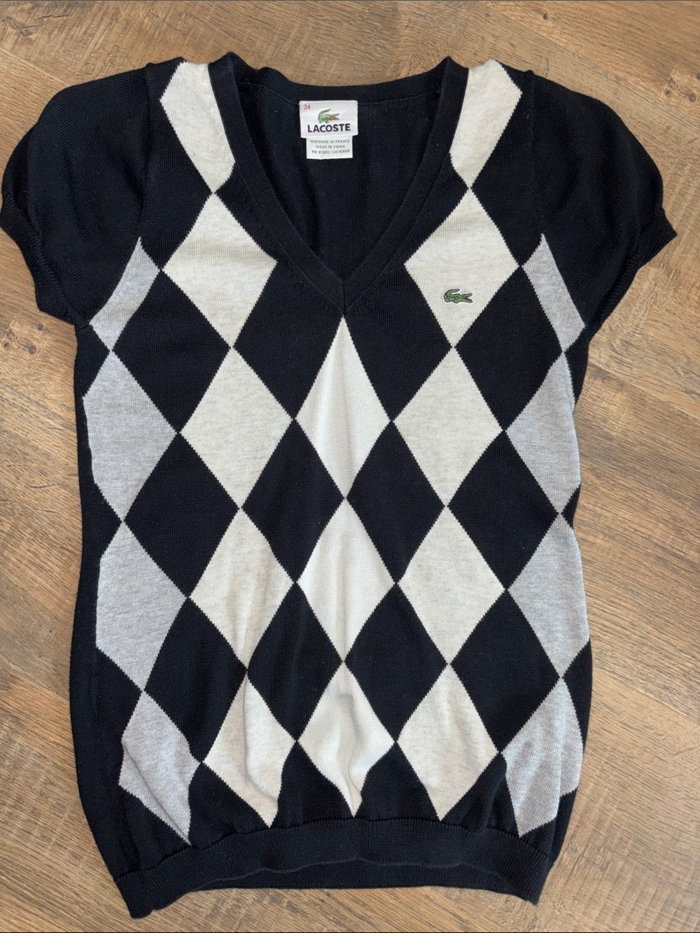 Lacoste Black and White Argyle V-Neck Short-Sleeve Knit Top